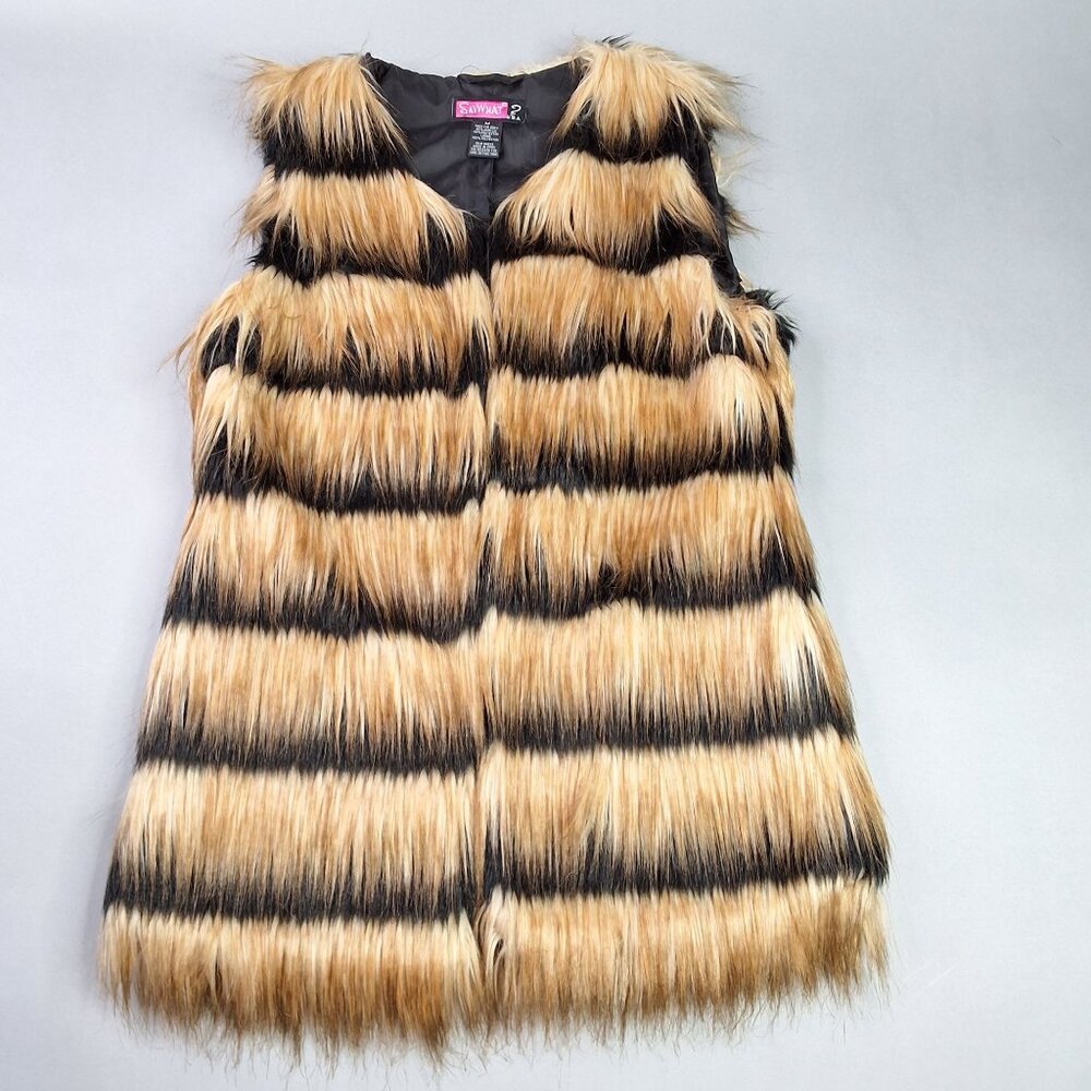 Faux Fur Striped Vest By Sawhat? Medium Black & Tan Lined Grunge Festival - Picture 2 of 8